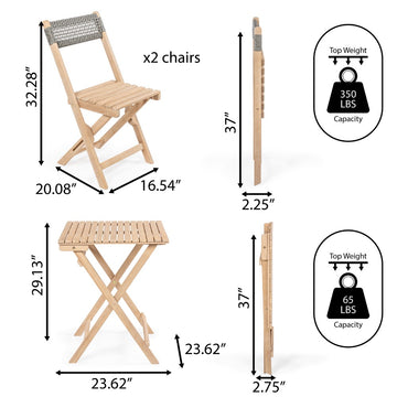 Sitges Modern Mid-Century 3-Piece Roped Acacia Wood Outdoor Folding Bistro Set - JONATHAN Y